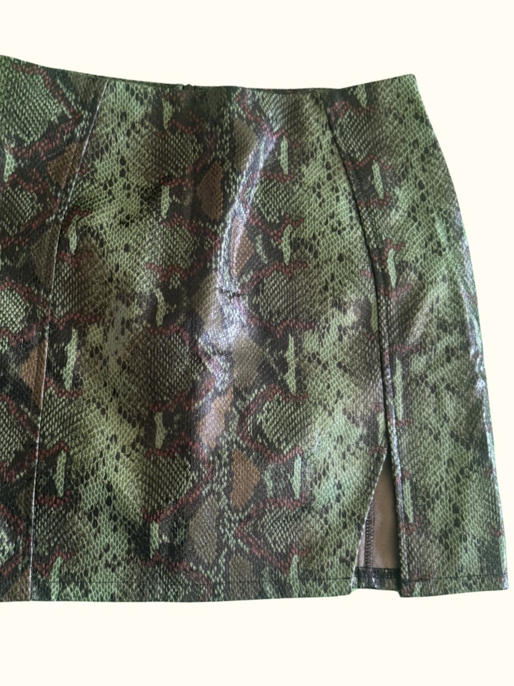 Nasty Gal Snake Print Faux Leather Mini Skirt Green Brown Side Slit Size US 6 NW